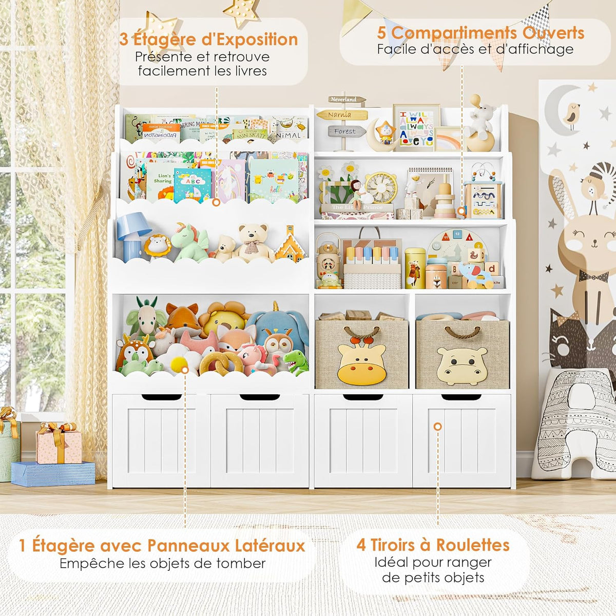 FOREHILL Meuble Rangement Enfant Bibliothèque Enfant avec 4 Boîtes Amovibles 9 Étagères Rangement Jouet pour Chambre d’Enfants Salle de Jeu 125x40x120 cm Blanc