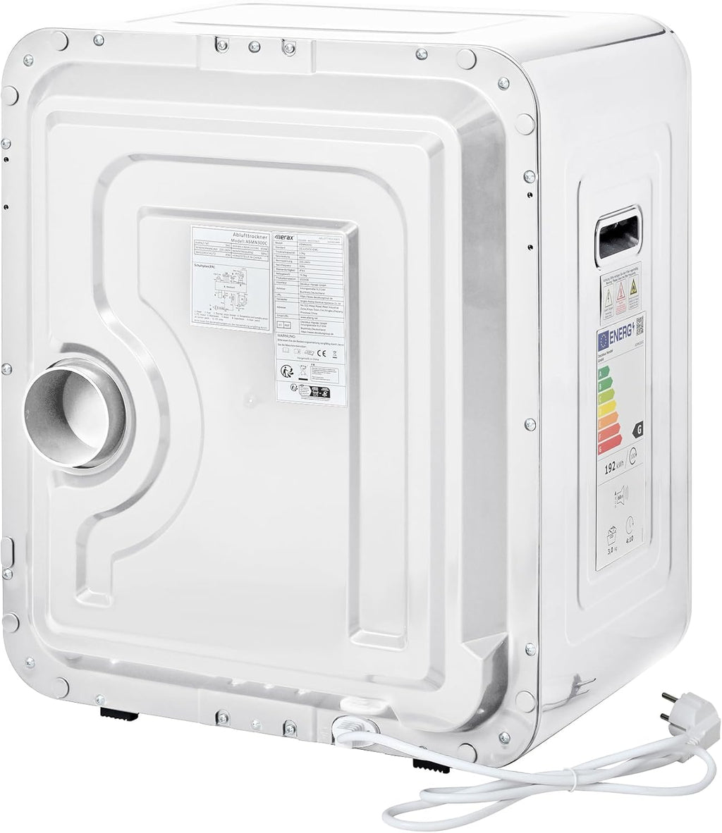 Merax Sèche-linge mural inox 3 kg (jusqu’à 4 kg) 850 W – 6 programmes & 6 fonctions, multi-filtration, protection surchauffe, montage mural - Blanc