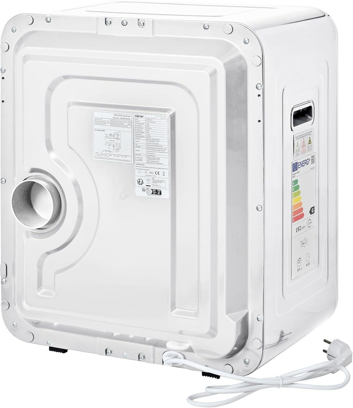 Merax Sèche-linge mural inox 3 kg (jusqu’à 4 kg) 850 W – 6 programmes & 6 fonctions, multi-filtration, protection surchauffe, montage mural - Blanc