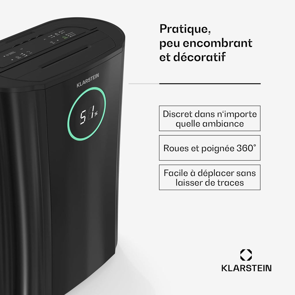 KLARSTEIN DryFy ProConnect 24L Déshumidificateur Smart, Wi-FI, 24h Minuterie, Filtre Charbon Actif, Silencieux, Réservoir 4L, Portable, pour Maison & Bureau, Jusqu'à 36m², Noir