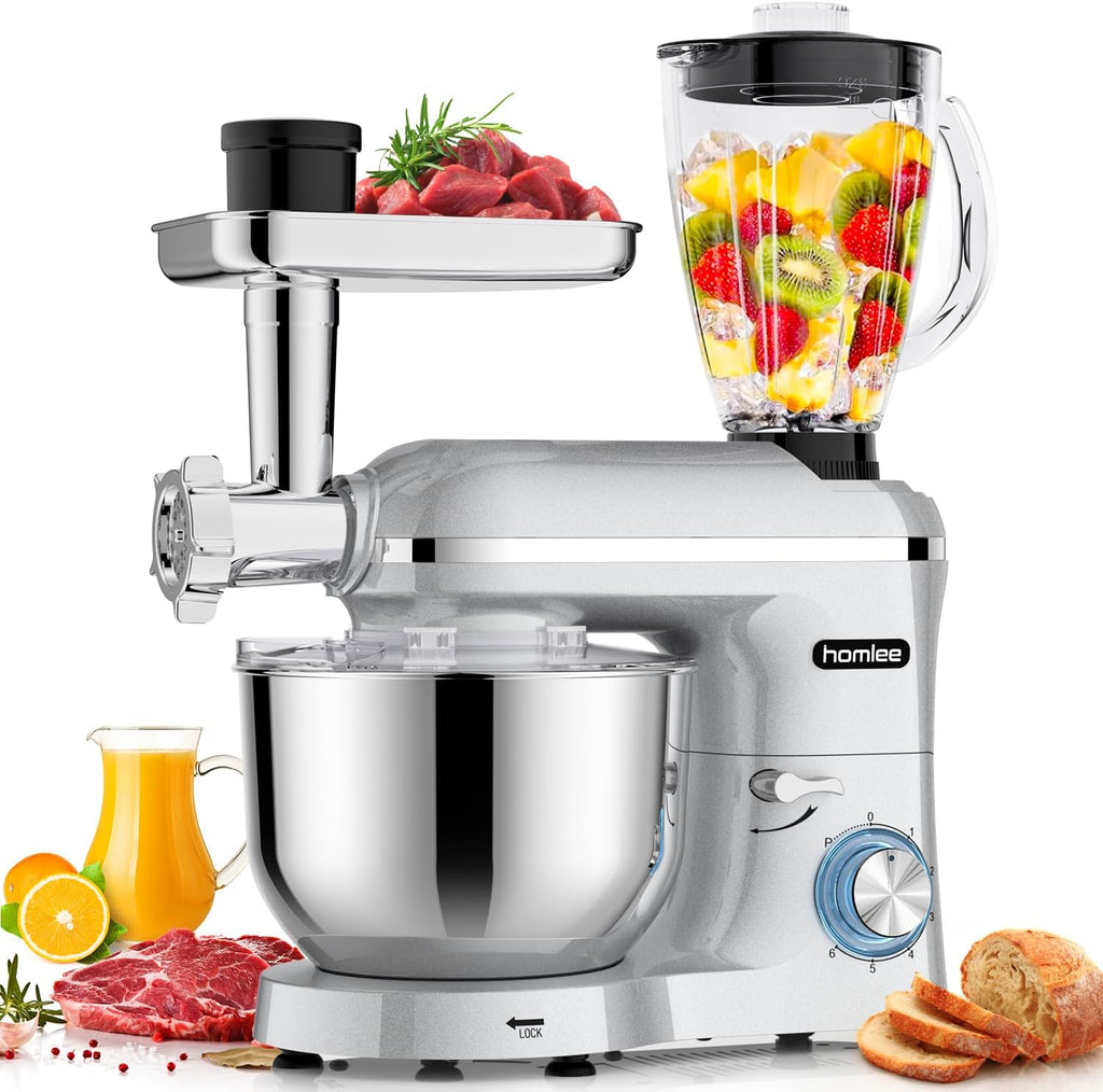 Homlee 3 en 1Robot Pâtissier 2000W Robot Patissier Multifonctions, avec Hachoir à Viande 1,5L Électrique de Jus,5.5L Bol Mélangeur,Fouet,Crochet Pétrisseur,Batteur