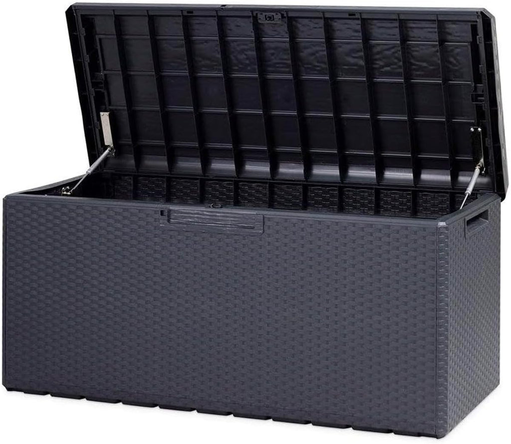 Avilia Coffre de rangement avec assise et coussin amovible d'extérieur – Coffre avec roues, résistant aux intempéries en polypropylène, 340L, 123 x 54 x 59 cm, anthracite