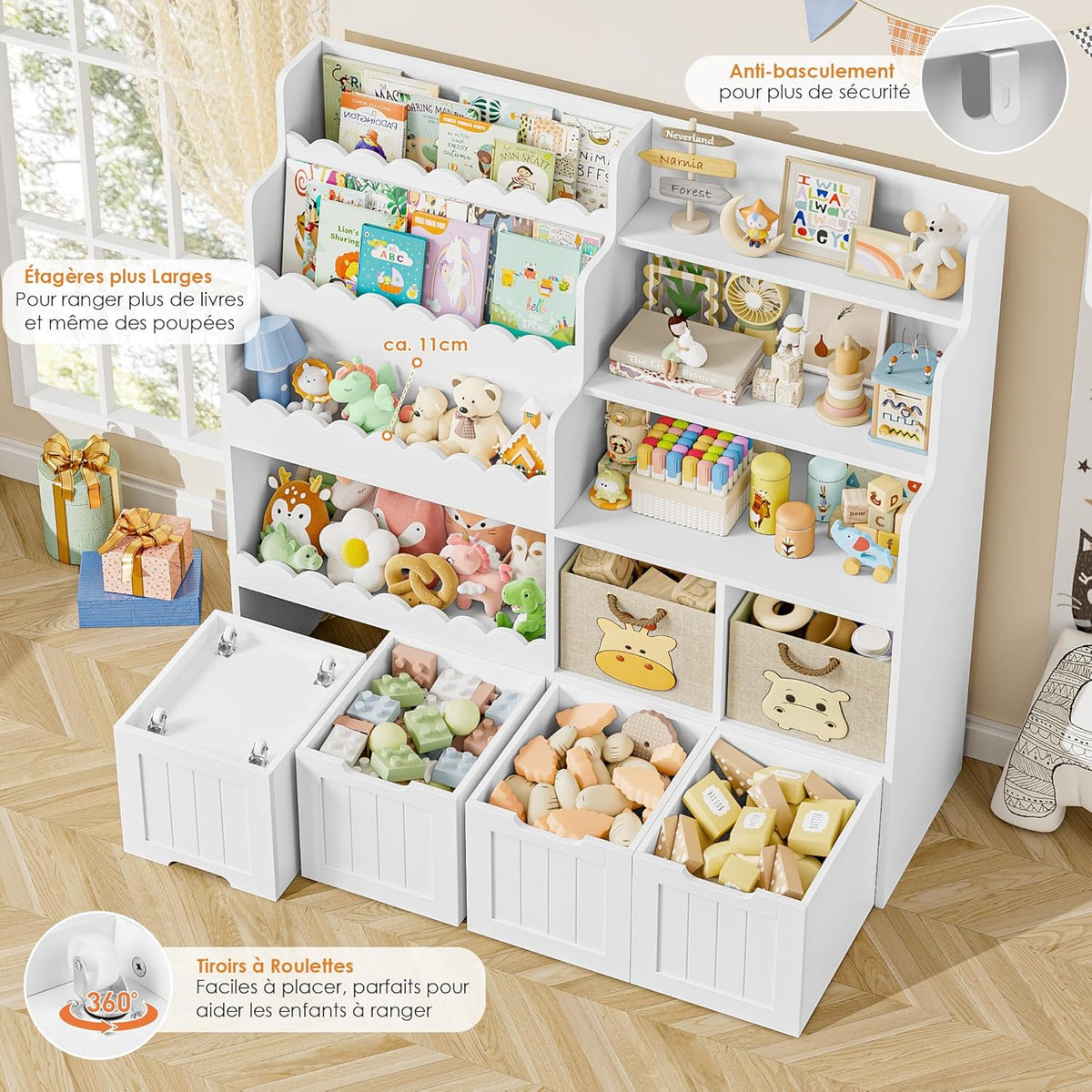 FOREHILL Meuble Rangement Enfant Bibliothèque Enfant avec 4 Boîtes Amovibles 9 Étagères Rangement Jouet pour Chambre d’Enfants Salle de Jeu 125x40x120 cm Blanc