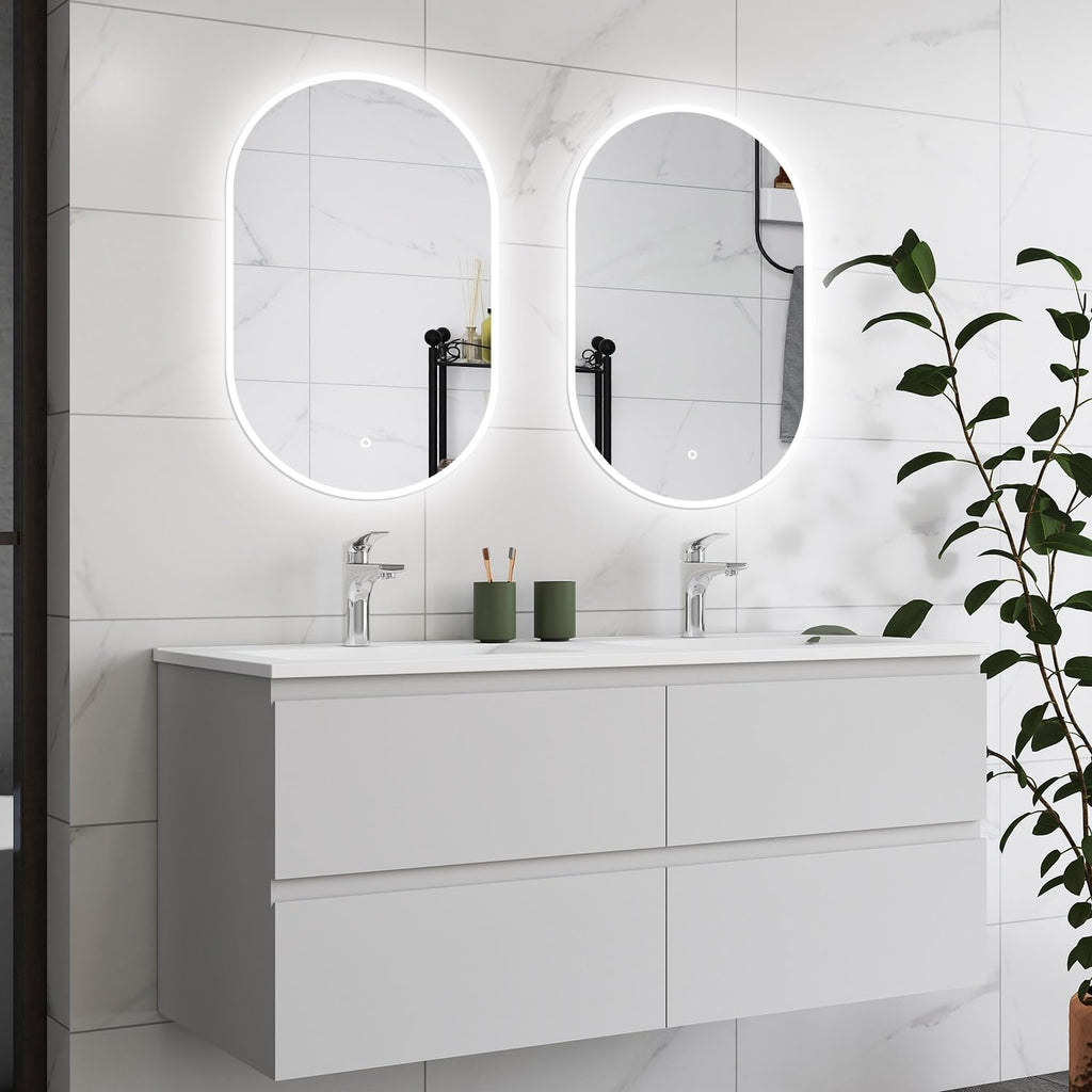 HAPAOSO Ensemble Meubles Salle de Bain 120 cm Blanc - Double Vasque Céramique, 4 Tiroirs de Stockage, Miroir LED Ovale Dimmable