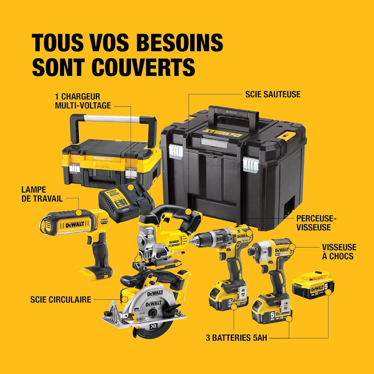 Pack 5 outils XR 18V, 1 perceuse-visseuse, 1 visseuse à chocs à 3 vitesses, 1 scie sauteuse, 1 scie circulaire, 1 lampe LED, 3 batteries 5Ah, 1 chargeur et 2 coffrets TSTAK, DCK551P3T-QW