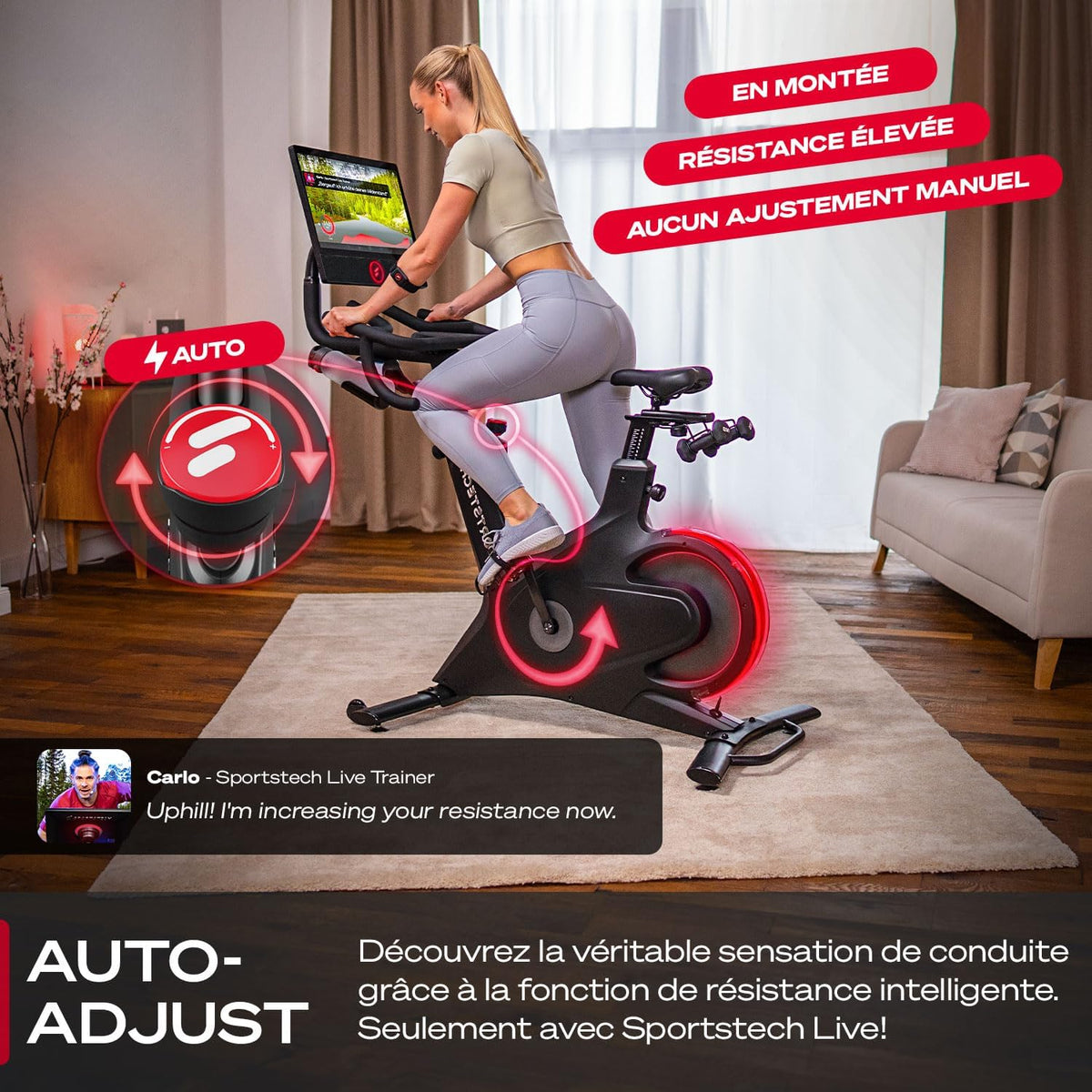 Vélo d'intérieur Smart sBike, écran tactile de 21,5" + LED| avec cours en direct et à la demande + expérience d'entraînement du corps entier | Vélo d'exercice Speedbike Sportstech Fitness Bike