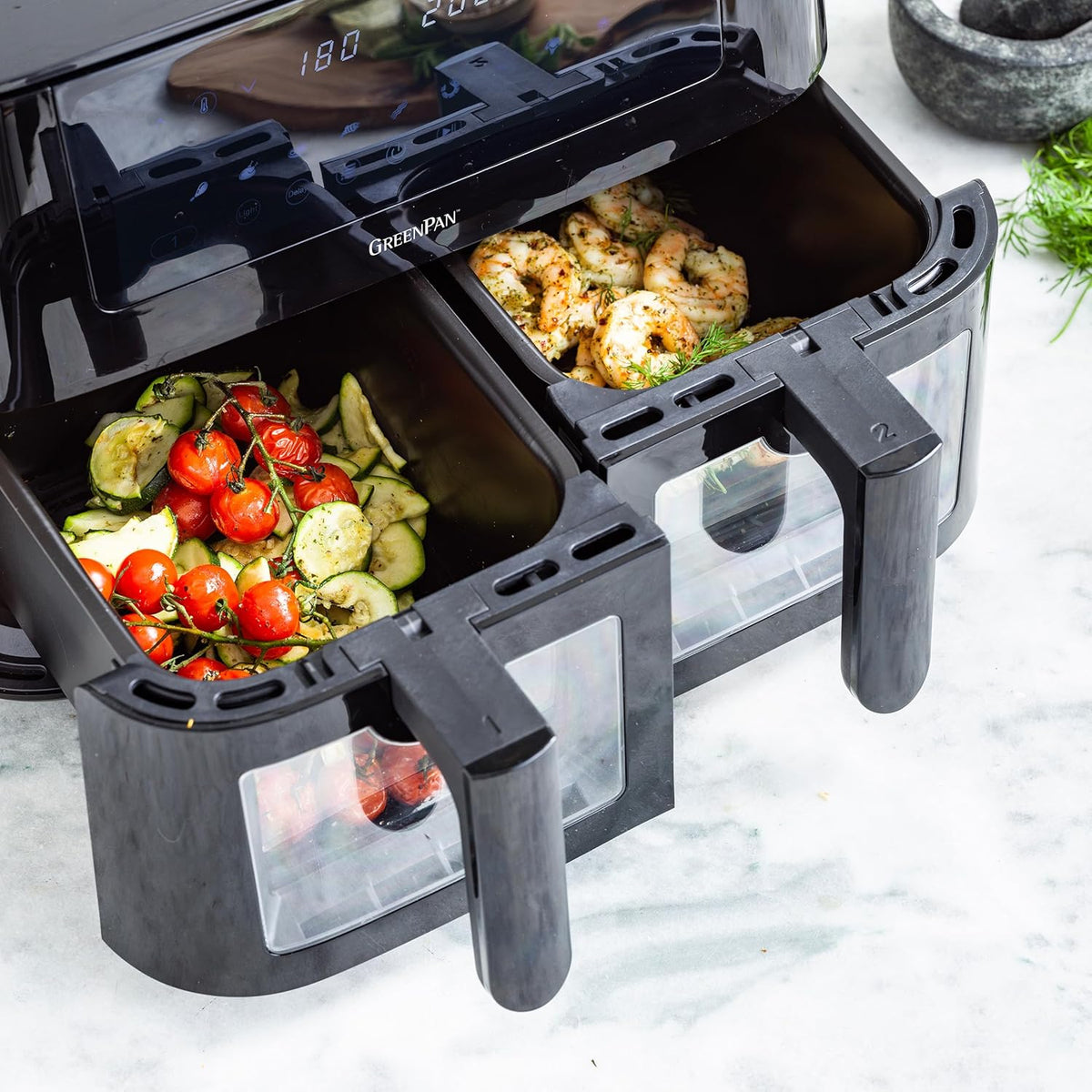 GreenPan Bistro Airfryer XL 11en1,2 Paniers à Friteuse sans Huile (2 x 4L),Intérieur Antiadhésif en Céramique sans PFAS,Chauffage Rapide,Préréglages Multifonctions,Arrêt automatique,Affichage LED,Noir