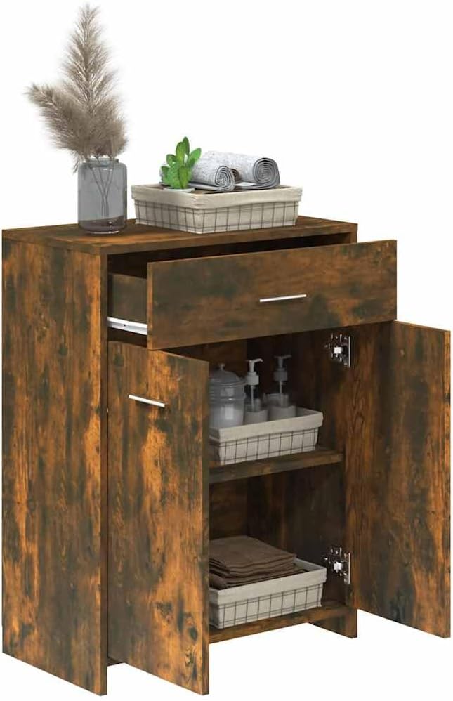 UJCHVHN Article-Meuble de salle de bain Chêne fumé 60 x 33 x 80 cm Bois d'ingénierie, Ensembles de meubles, Ensembles de meubles de salle de bain