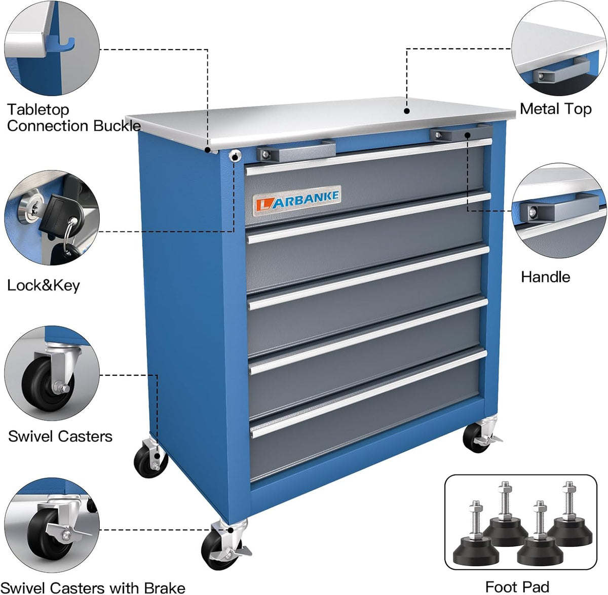 LARBANKE Commode à outils combinée à 12 tiroirs avec plan de travail en acier inoxydable, système de verrouillage, meuble de rangement à outils avec roulettes et pieds rembourrés