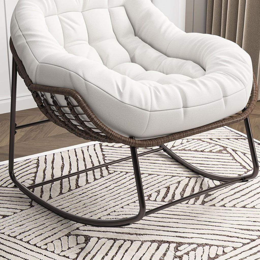 belupai Fauteuil à bascule en forme d'œuf en osier, jardin à bascule en rotin avec rembourré, chaise d'allaitement, cadre en métal, pour extérieur et intérieur, jusqu'à 113 kg beige