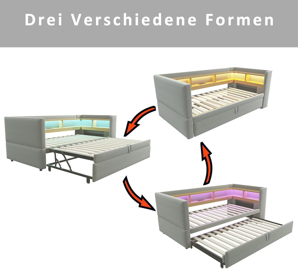 Canapé lit 90x190, Canapé Convertible avec LED et USB, lit 2 Personnes 90/180x190 avec lit gigogne et Plusieurs Compartiments de Rangement, Meuble Salon Gris Clair (sans Matelas)