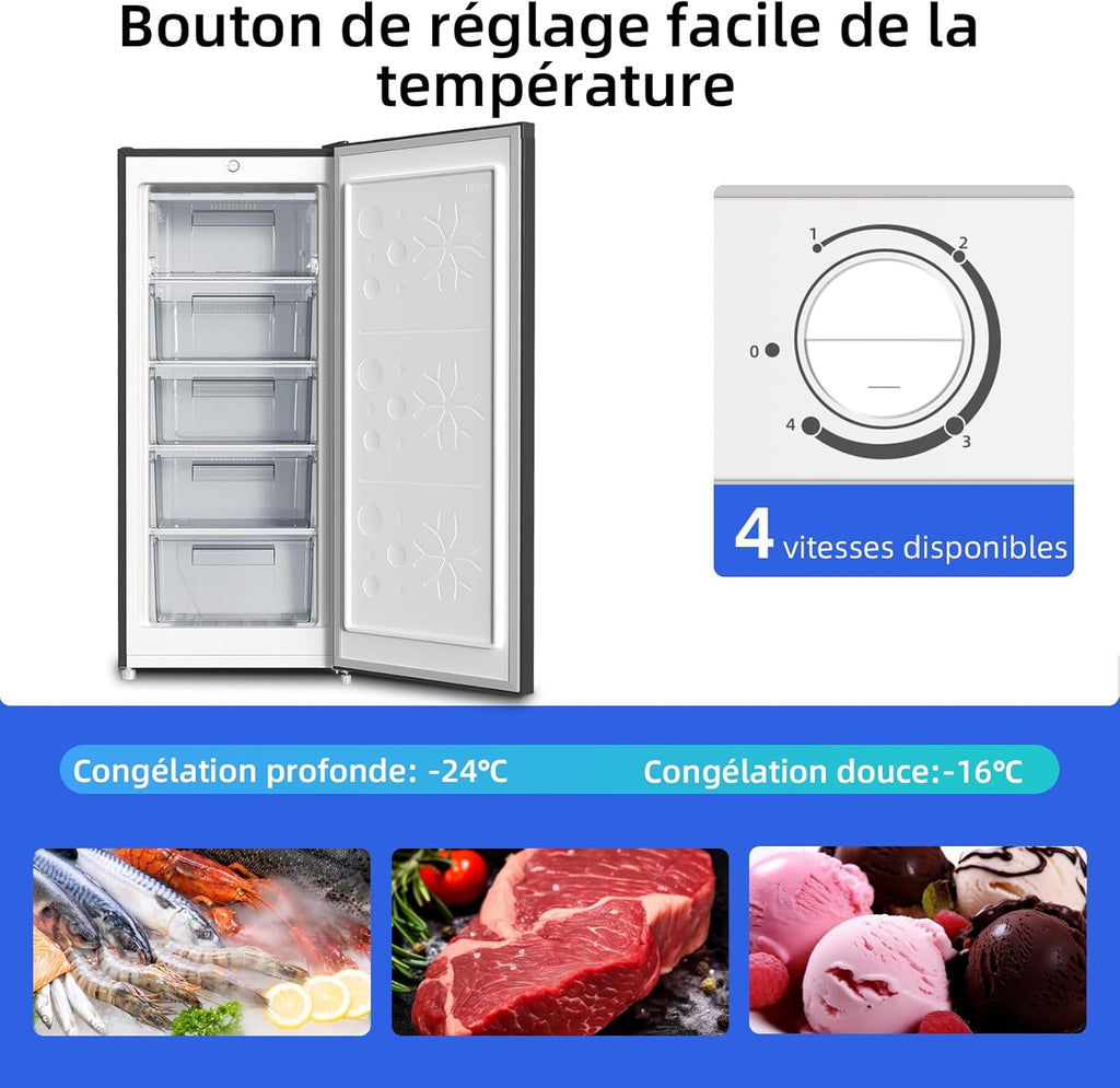 CHiQ Congélateur armoire avec une capacité de 145L, Congélation rapide, Thermostat réglable, Silencieux, Porte réversible, Noir, Classe énergétique E