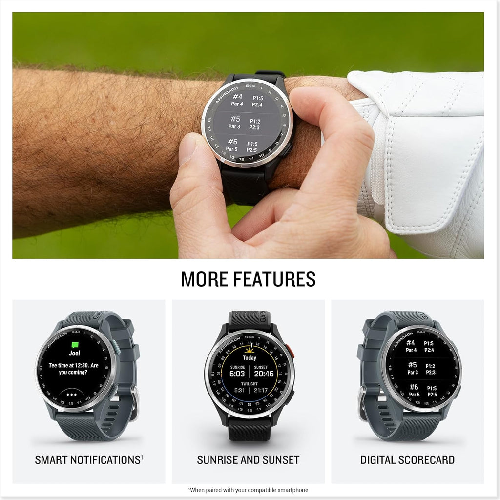 Approach S44 EssentialGPS Smartwatch Écran AMOLED Fonctionnalités sur Le Terrain Lunette en Aluminium argenté avec Bracelet en Silicone Noir