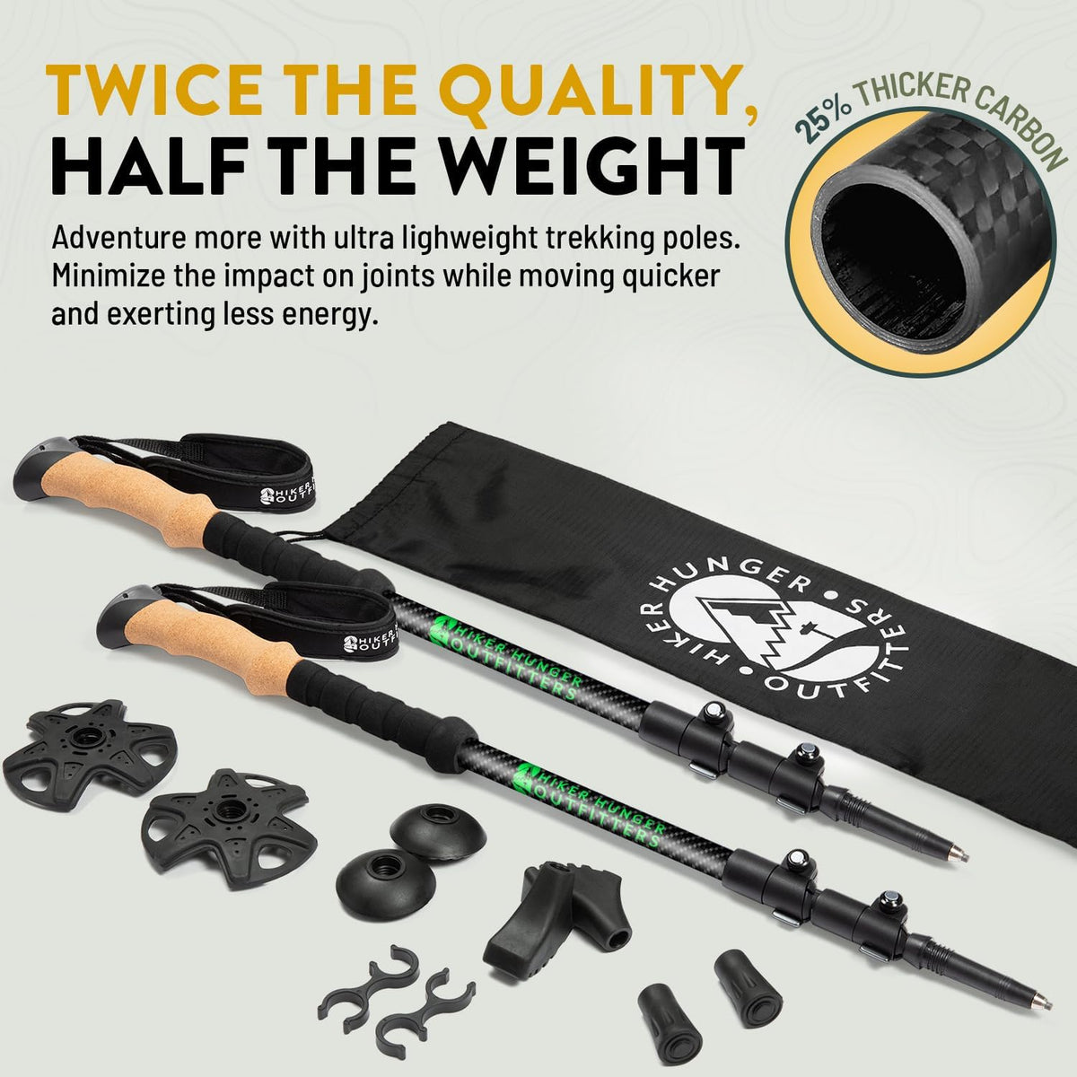 Pôles de Trekking 100% Fibre de Carbone de la Marque USA – Poles de randonnée Ultra Solides, légers, Pliables avec poignées en liège ou Mousse EVA et Fermetures à Rabat réglables Rapides