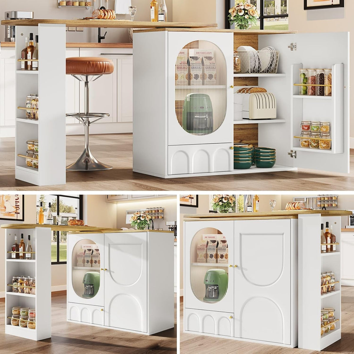 KOMHTOM Table à Manger Pivotante à 360°avec Armoire de Rangement, Meuble de Bar, Bar Cuisine avec 3 Portes et étagères réglables en Hauteur (Blanc)