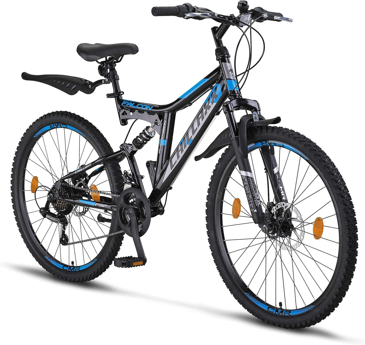 Chillaxx Falcon VTT de 24, 26, 27,5 et 29″, pour garçons, filles, femmes et hommes, frein à disque, dérailleur à 21 vitesses, suspension complète