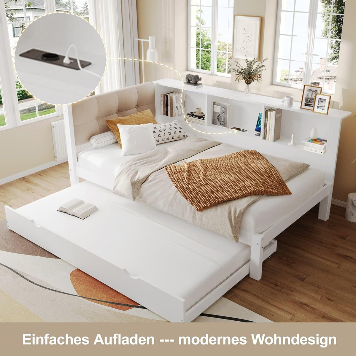 EURHCIO Canapé Lit 90x200,Cadre de Lit Une Place Rembourré avec Lit Gigogne 90x190,Port USB-C,Éclairage LED Réglable,Rangement,pour Adolescents Adultes 90x200