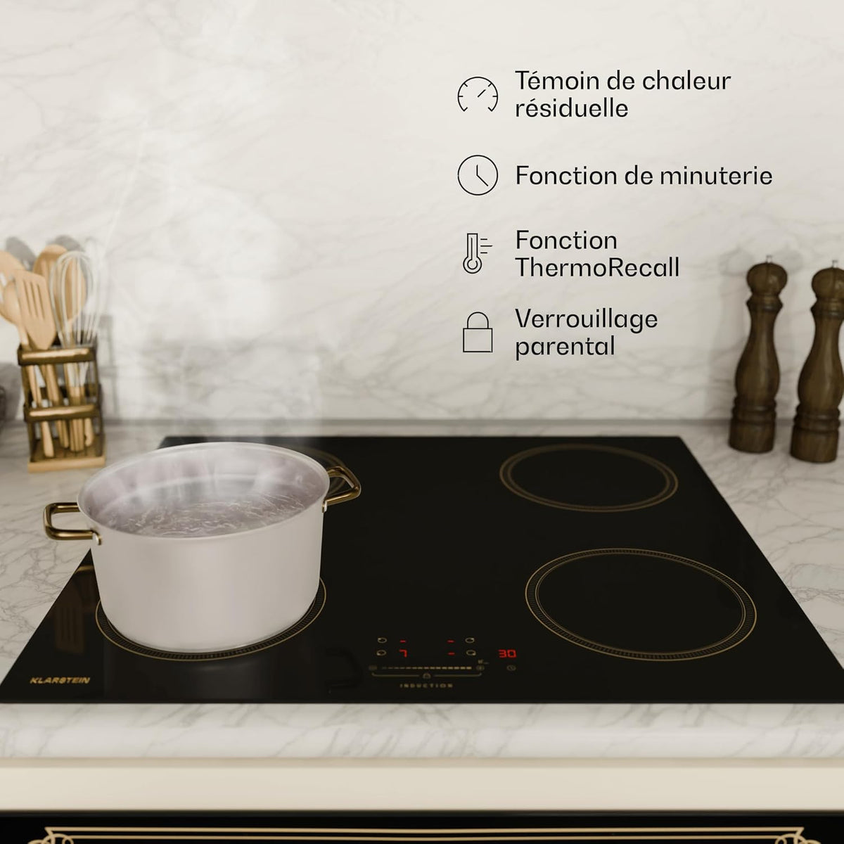 Klarstein Victoria Plaque À Induction Encastrable - 4 Zones, 7000 W Avec Boosters, Curseur & Minuterie, Verrouillage Parental, Vitrocéramique Noire, Largeur 59 cm