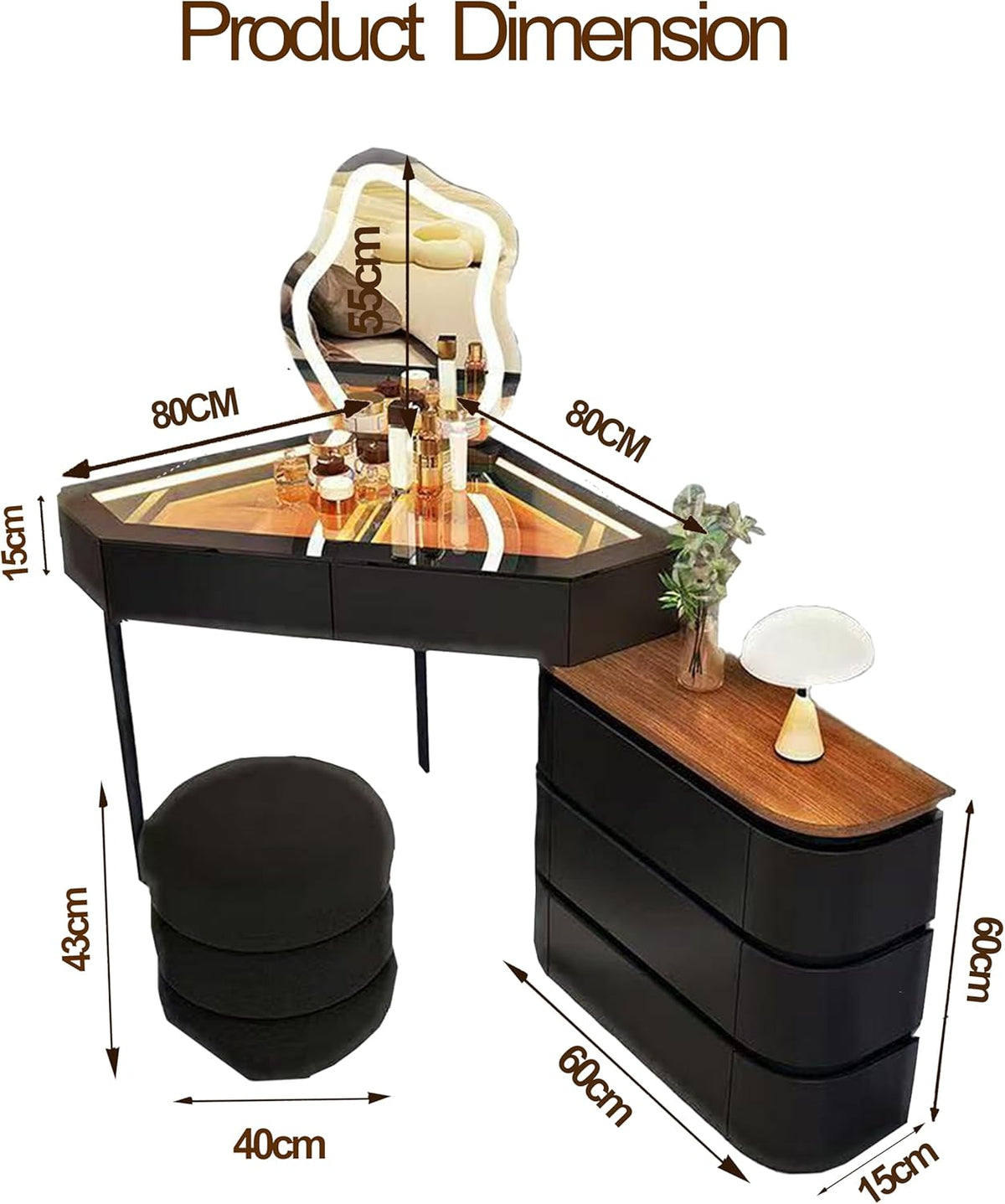 Generisch Ensemble de coiffeuse d'angle avec tabouret, table de maquillage avec 3 éclairages LED réglables/5 tiroirs, table de maquillage en L pour la chambre à coucher, 80 cm Noir