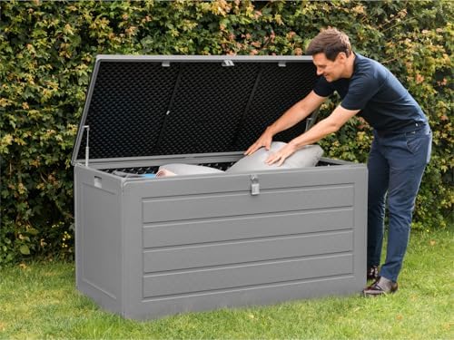 Olsen & Smith Abri de jardin en plastique de grande capacité – Résistant aux intempéries et assis avec coffre effet bois (680 L, anthracite)