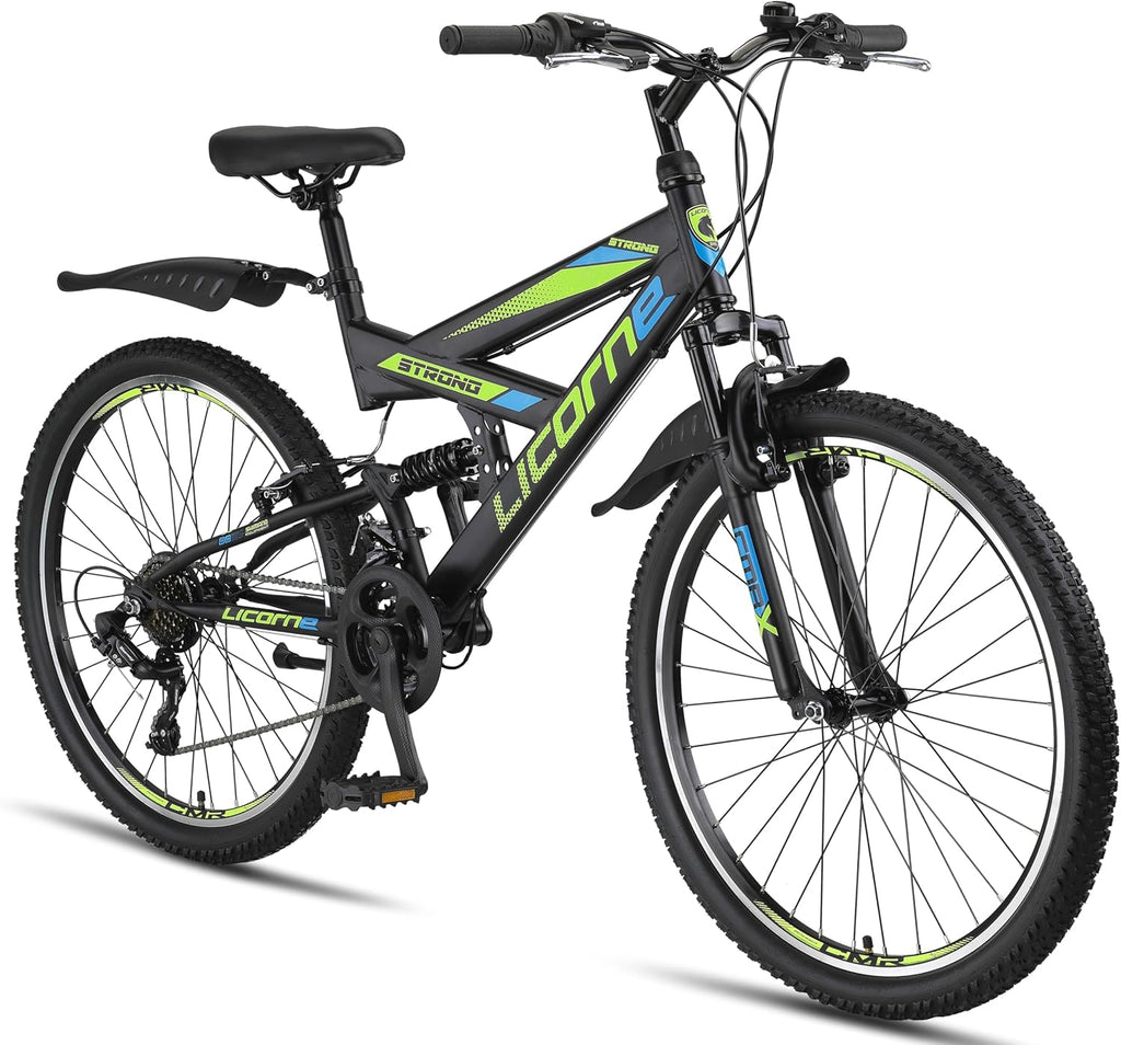 Licorne Bike VTT en V de qualité supérieure de 24 et 26 pouces - Vélo pour garçons, filles, femmes et hommes - 21 vitesses - Suspension complète