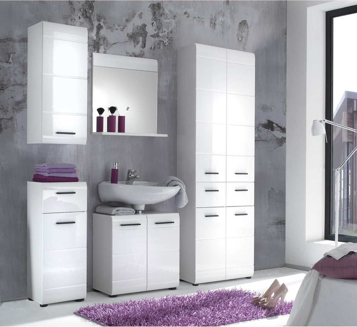 trendteam smart living Armoire Haute de Salle de Bain Schrank Skin 60 x 182 x 31 cm en Blanc Brillant avec Beaucoup d’Espace de Rangement