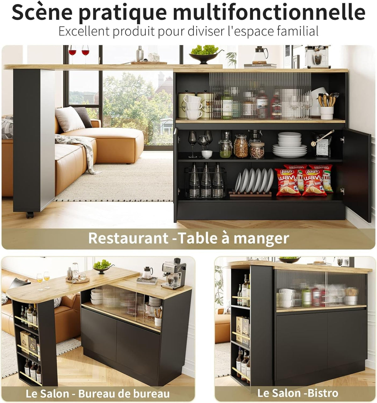 KOMHTOM Table de Bar Extensible avec Espace de Rangement, Meuble Bar avec 2 Portes en Verre, Rotation Libre à 360 °, étagères latérales (Noir)