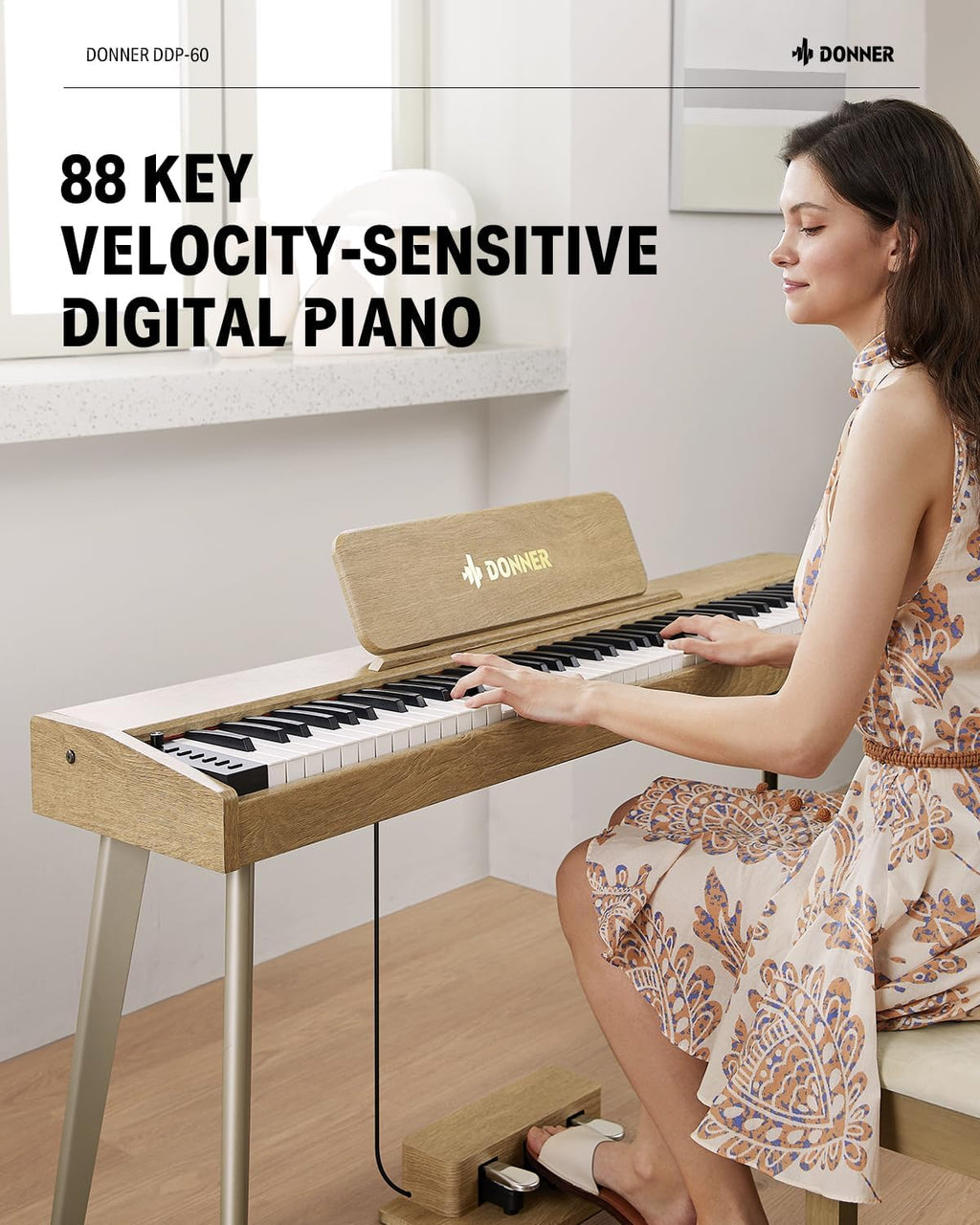Donner DDP-60 Piano numérique 88 touches : Clavier de grande taille, toucher sensible, 8 réverbérations, enregistrement, 128 voix. Inclut trois pédales, clavier de piano électrique pour
