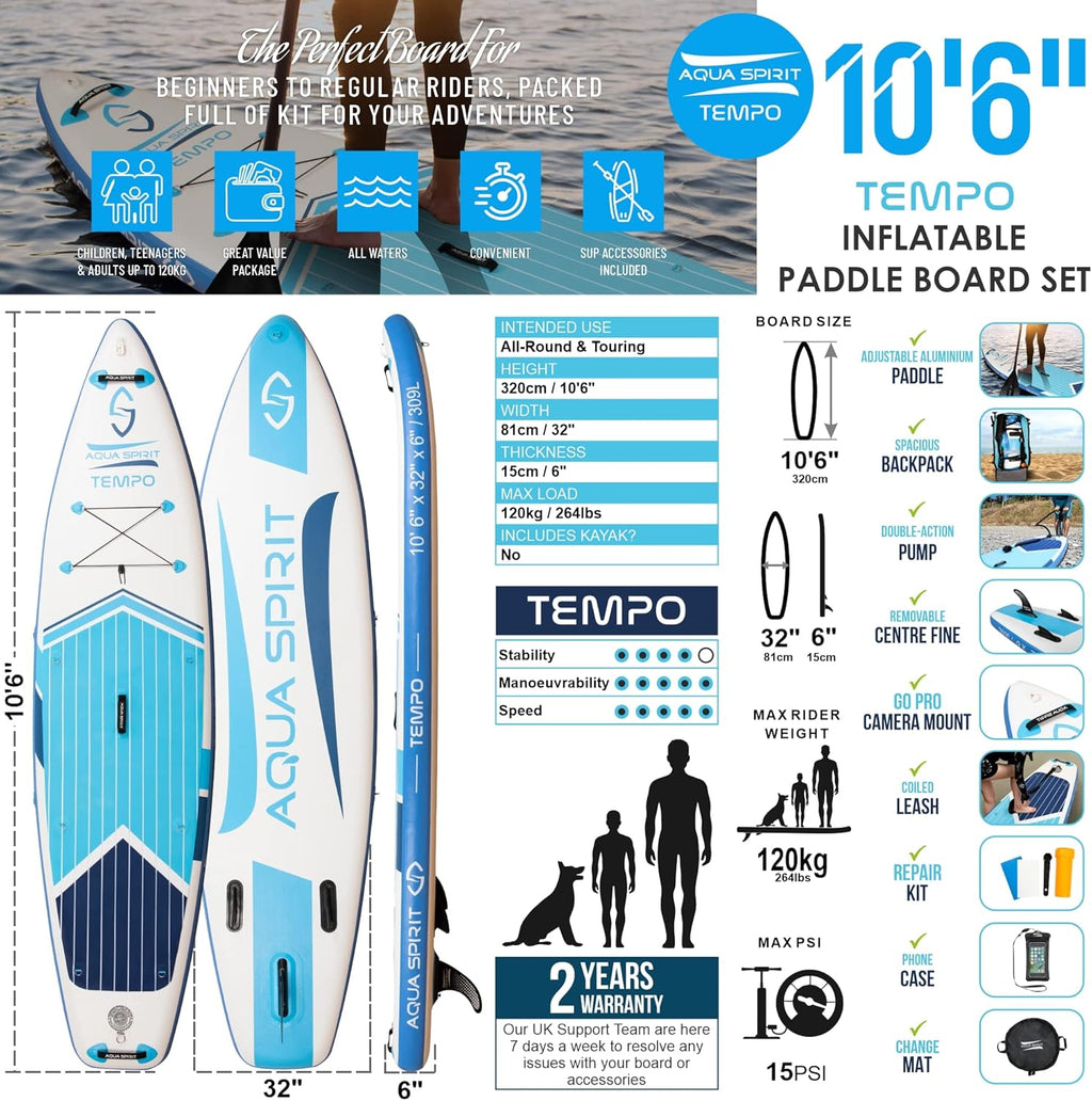 AQUA SPIRIT Tempo Sup Stand up Gonflable Surf Planche de Paddle pour Adulte Unisexe Débutant intermédiaire 320x81x15cm Charge Max 120KG avec Pagaie Réglable, Matelas à Langer Garantie De 2 Ans