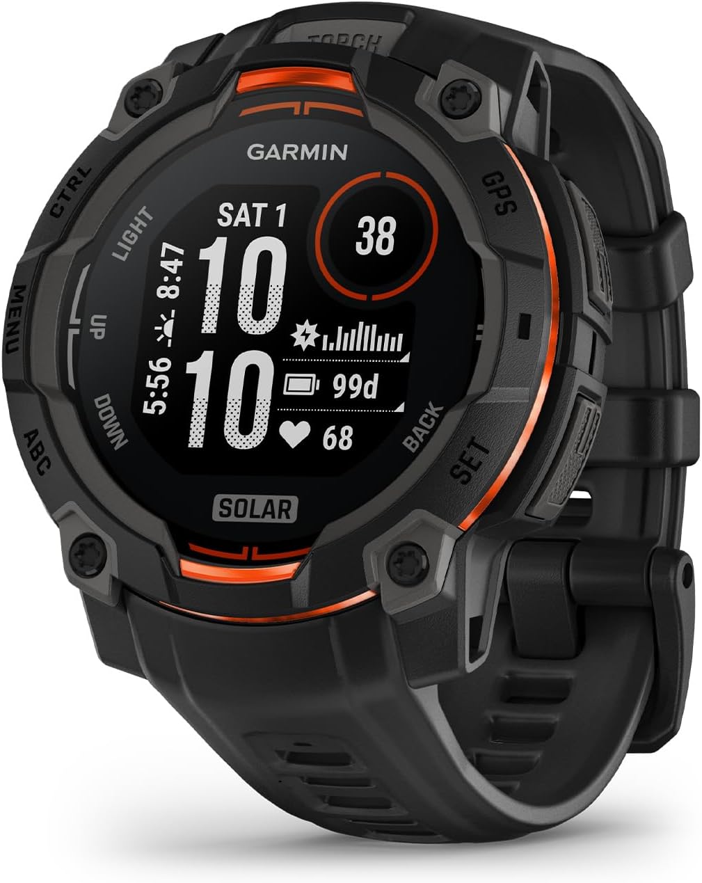 Instinct 3 45 mm, Affichage à Charge Solaire, Montre Intelligente GPS d'extérieur Robuste, Lunette renforcée en métal, Lampe de Poche intégrée, Noir