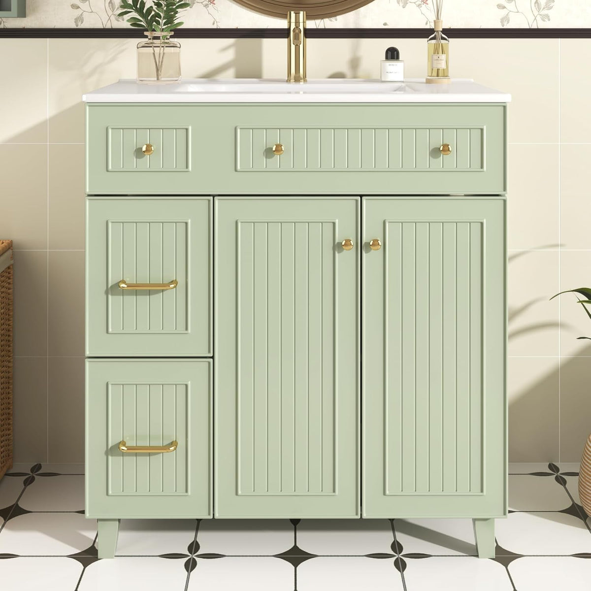 Merax Meuble de salle de bain avec lavabo et lavabo - Meuble de rangement multifonction - Lavabo en céramique - Sur pied - Vert - 81,7 x 46,8 x 90 cm