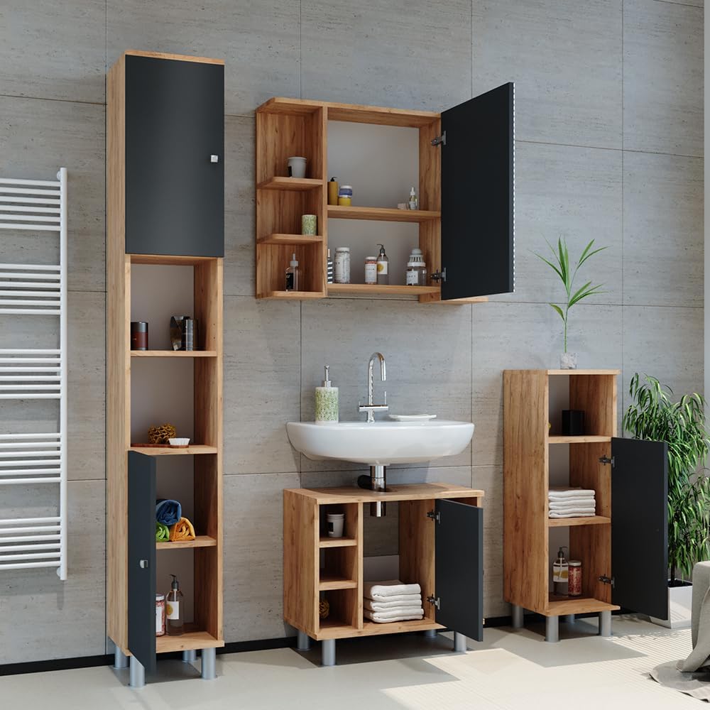 Vicco Ensemble de Meubles de Salle de Bain Fynn, Chêne/Anthracite, 2 Parties