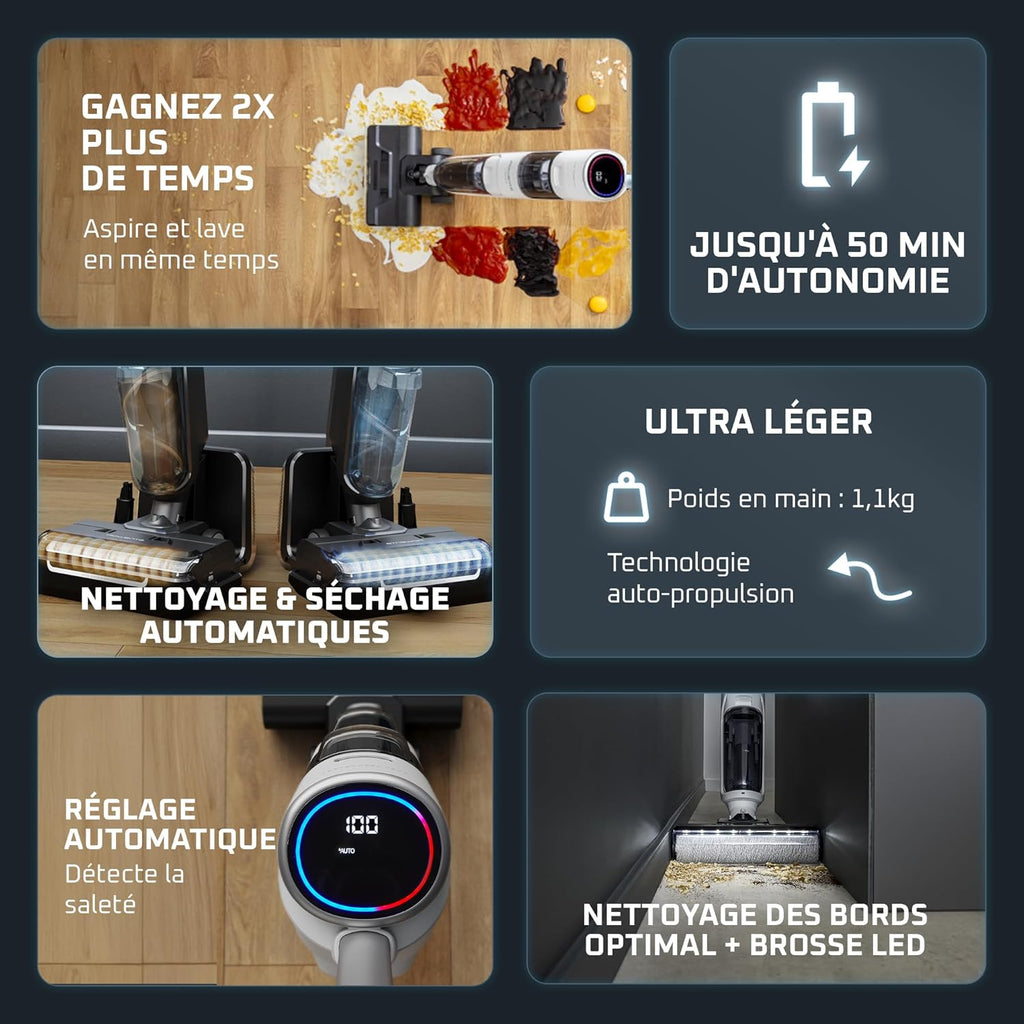 Rowenta X-Clean5, Aspirateur Laveur sans Fil, Nettoyage 2-en-1, Mode de détection Auto, Éclairage LED, Auto-Nettoyage, Séchage air Chaud, GZ5557EE, Blanc/Noir