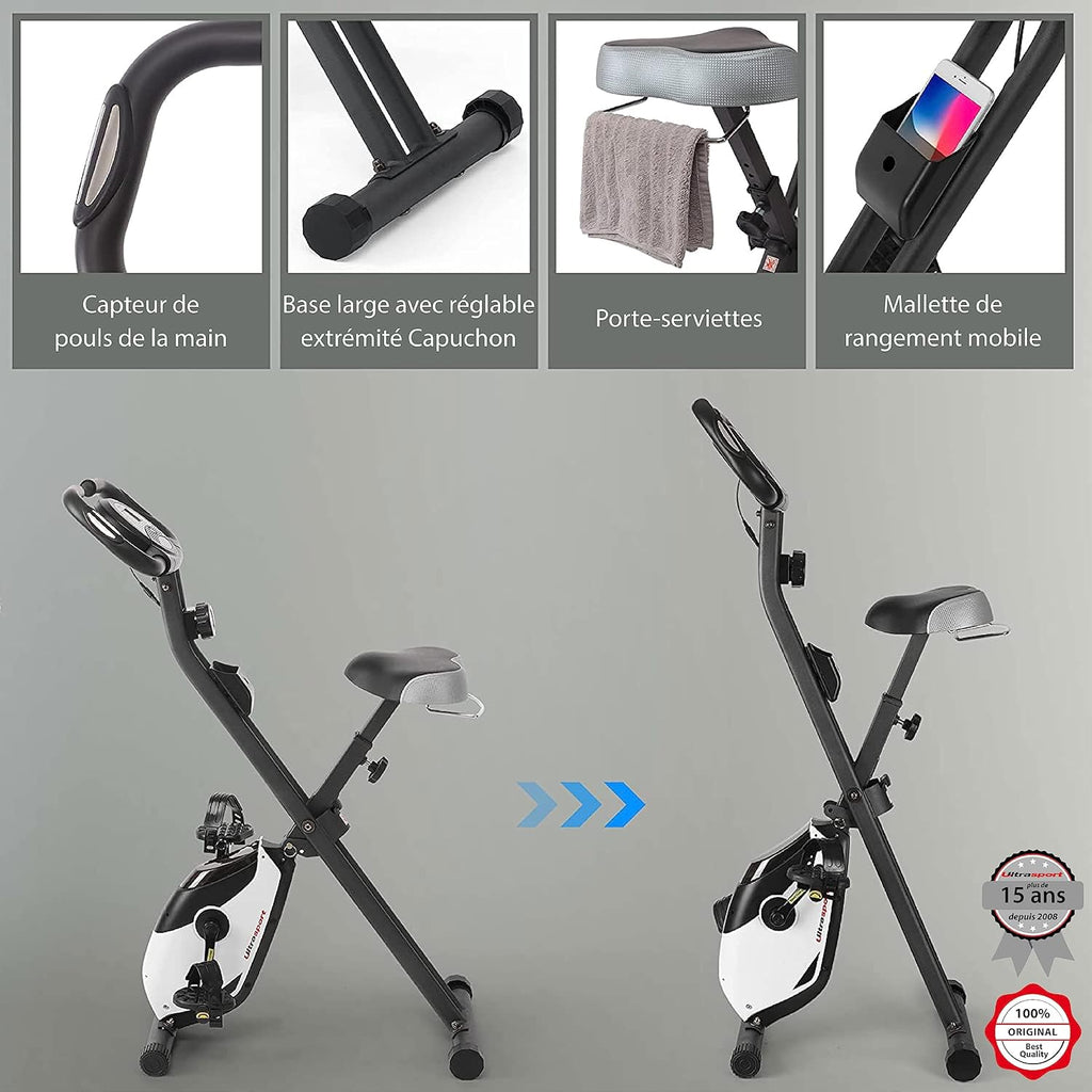 Ultrasport F-Bike Pro Vélo d’Appartement Pliable I Vélos d'Appartement Extra Silencieux jusqu'à 150 kg avec Selle Confort, 16 Niveaux, Fonction App, Silencieux, Velo d Appartement Pliable