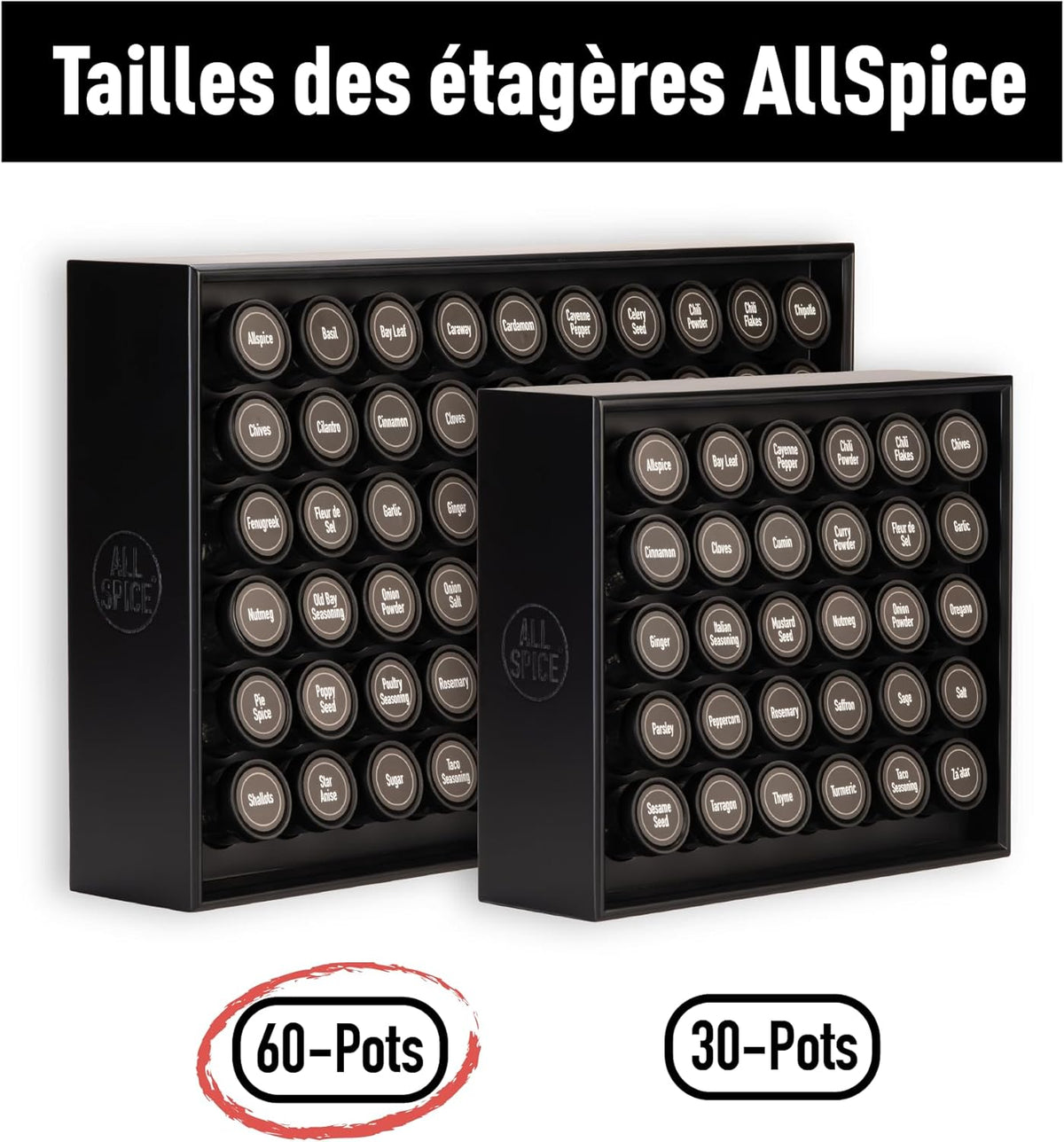 AllSpice étagère à épices en bois noir mat, comprend 60 pots en verre, étiquettes et accessoires