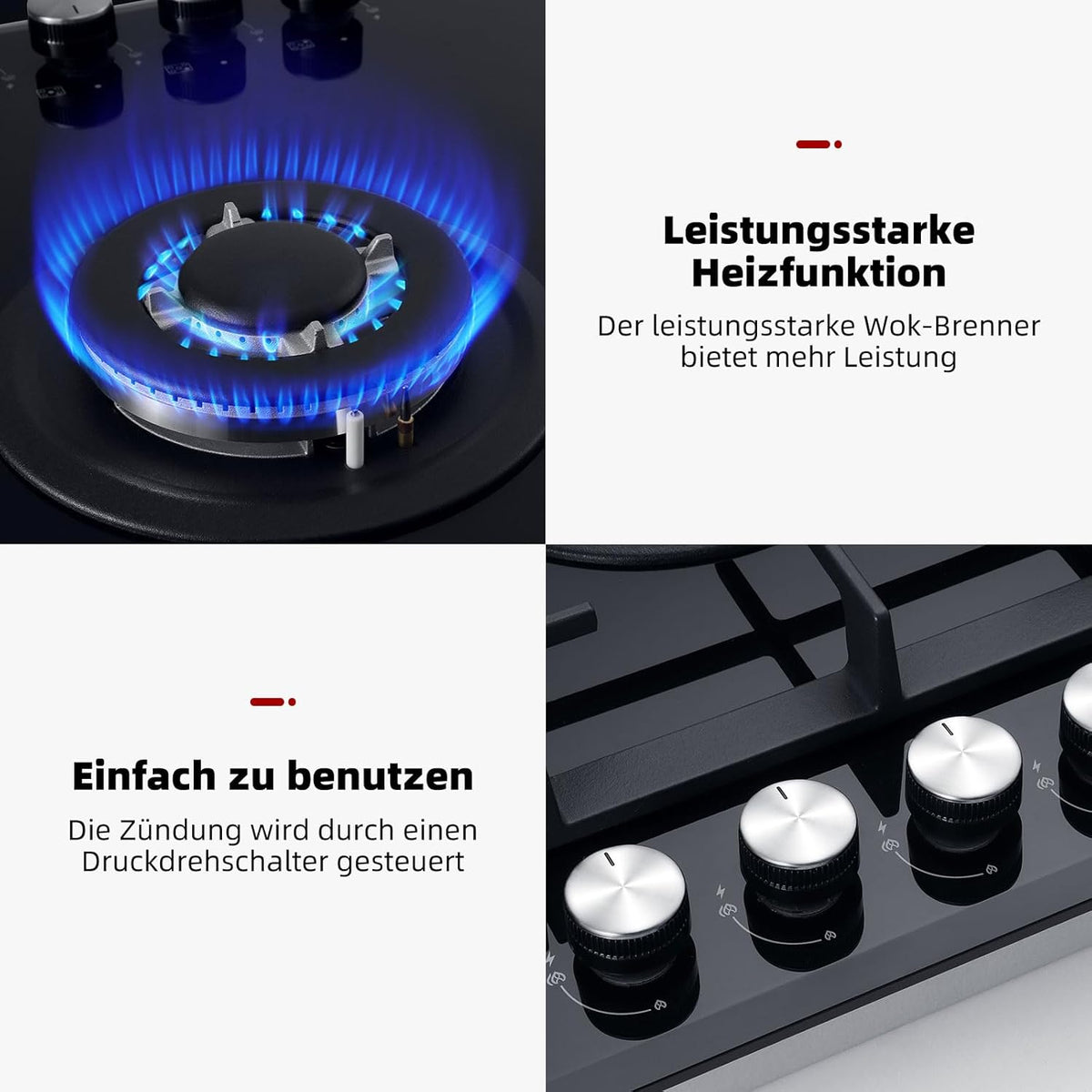 GASLAND GH2805BG1FC Table de cuisson à gaz 5 feux, avec brûleur wok, encastrable, 76cm noir, cuisinière à gaz en verre, 10.4KW, GPL/NG