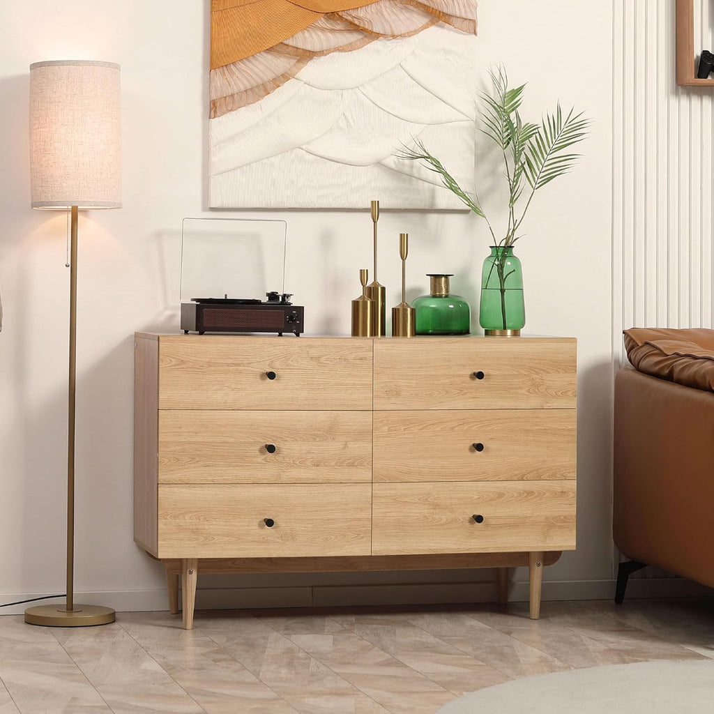 HOMCOM Commode 6 tiroirs, Meuble de Rangement avec Pieds en Bois Massif, Finition Bois veiné, 120 x 40 x 80 cm, Marron Clair