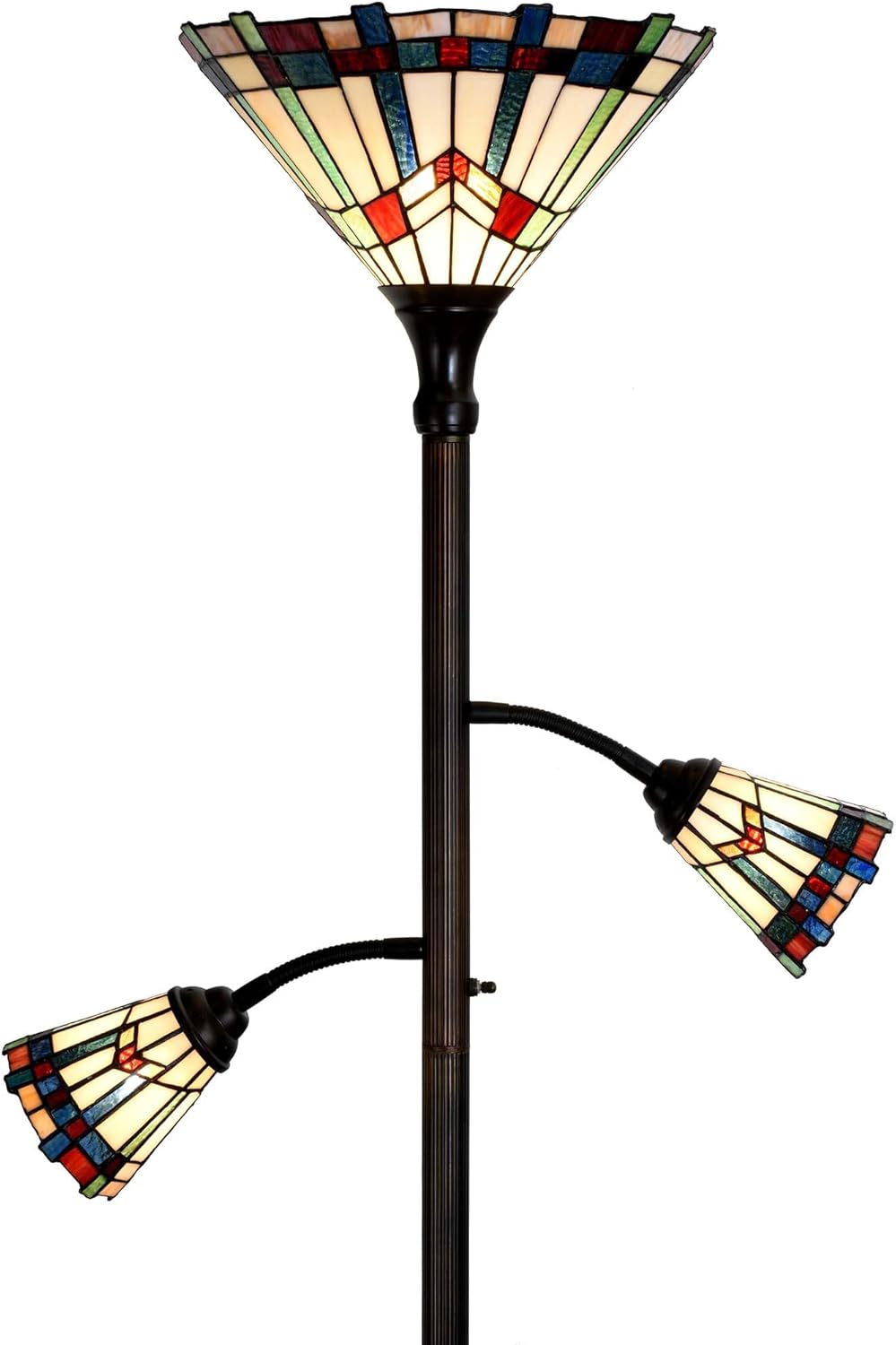 Bieye Lampadaire torche style Tiffany à 3 lumières avec lampes de lecture réglables pour salon, 178 cm de hauteur Blanc, Mission