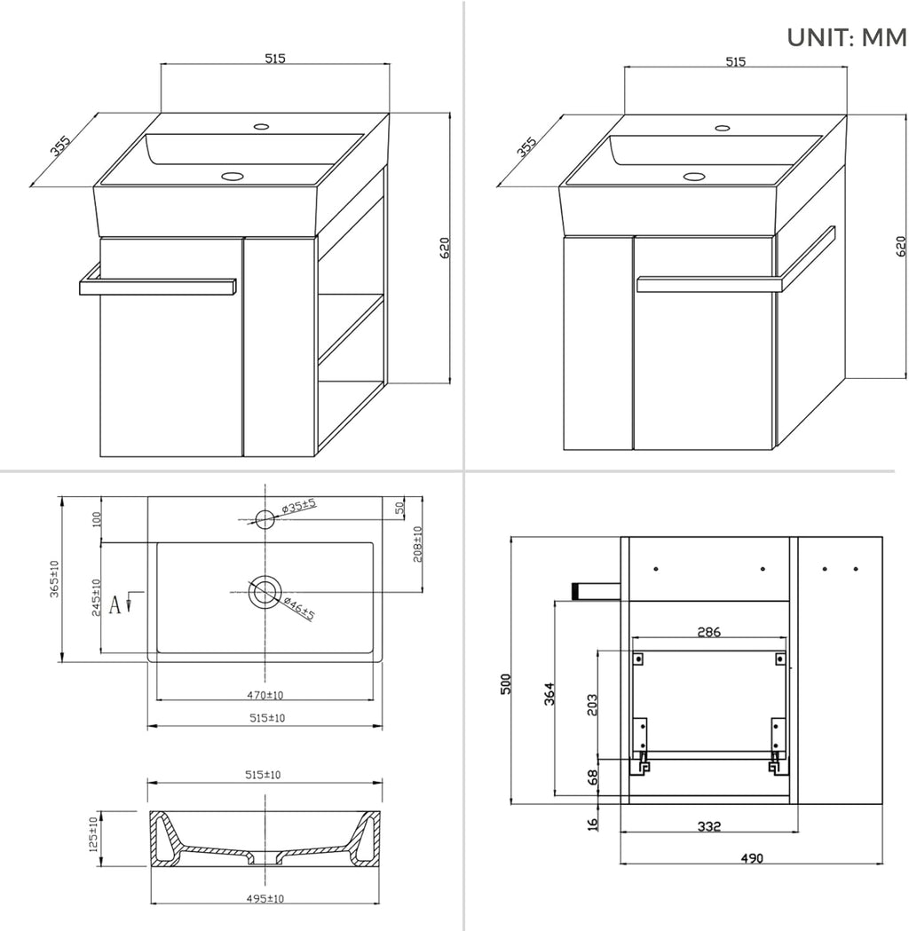 BRIDGE BENO Meuble De Salle De Bain De 50 cm avec Lavabo en Céramique, Tiroir À Fermeture Douce, Poignée Porte-Serviettes, Option Gauche/Droite, European Oak