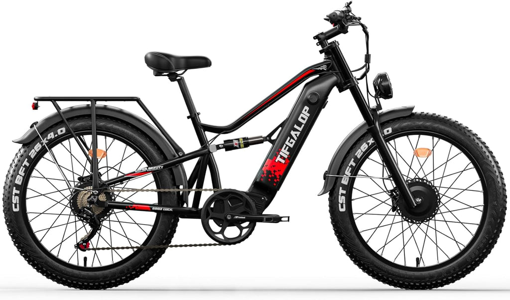 tifgalop Vélo électrique Adulte, vélo électrique Tout-Terrain de 26 Pouces, Double amortisseurs, 7 Vitesses, Batterie au Lithium 52V 19Ah/21Ah, autonomie de croisière jusqu'à 40-90Km