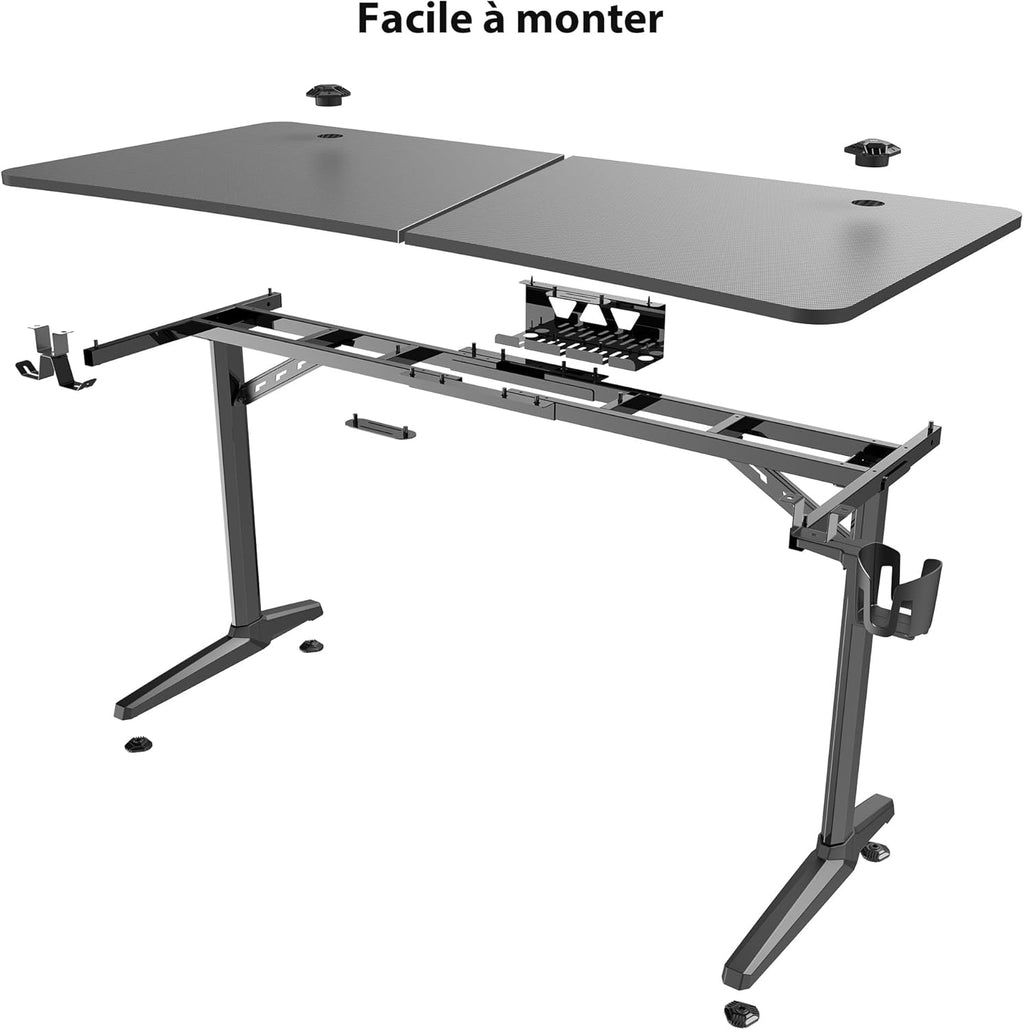 EUREKA ERGONOMIC Bureau Gaming 152x70cm Bureau Gamer Bureau Informatique PC Grand avec Tapis de Souris, Porte-gobelet,Crochet pour Casque et Support de Manette
