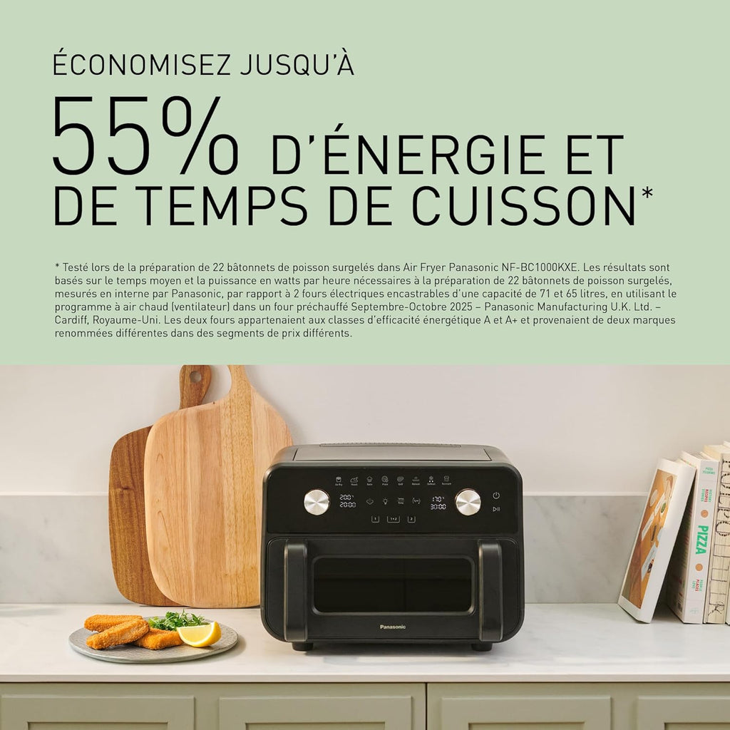 Panasonic NF-BC1000 Friteuse à Air Flexible avec Fenêtre, XL Panier Flexible, Séparateur Amovible, 9,6L, 30°-230C, Vapeur Douce, 8 Préréglages, Nettoyage Facile, Noir