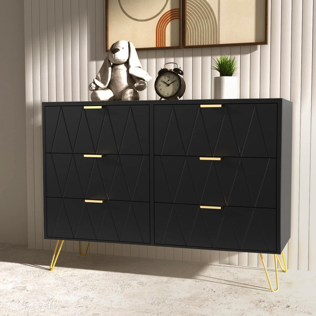 UEV Commode, Armoire avec 6 Tiroirs, Meuble de Rangement Chambre Enfant/Adulte, 100 x 34 x 73cm, Buffet Salon, Style Scandinave Elégant, Couleur Noir