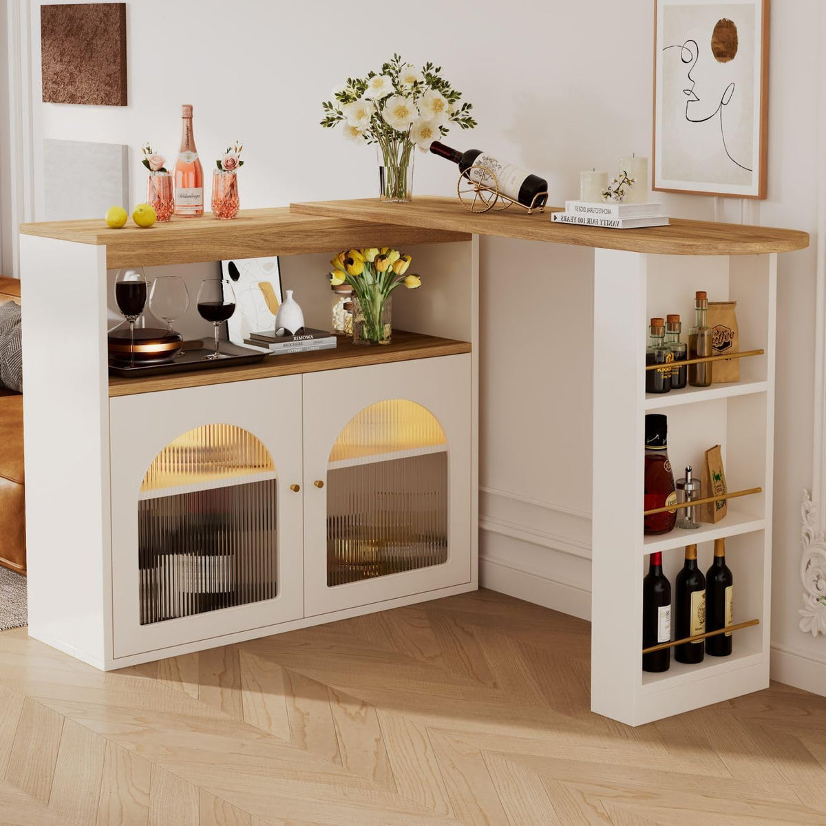Sweiko Bar télescopique Table Moderne avec Espace de Rangement, Table d'appoint Haute, pivotante,Meuble de Rangement pour la Salle à Manger (White)