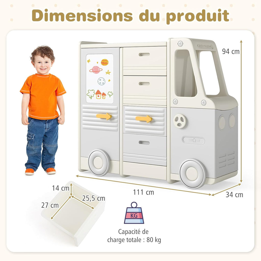 COSTWAY Meuble de Rangement Jouet Enfant en Forme Bus avec 4 Tiroirs & 3 Placards, Étagère de Rangement Jouet en HDPE avec Tableau Blanc, Bibliothèque Enfant de 3 Ans+ pour Salle de Jeux Chambre Salon
