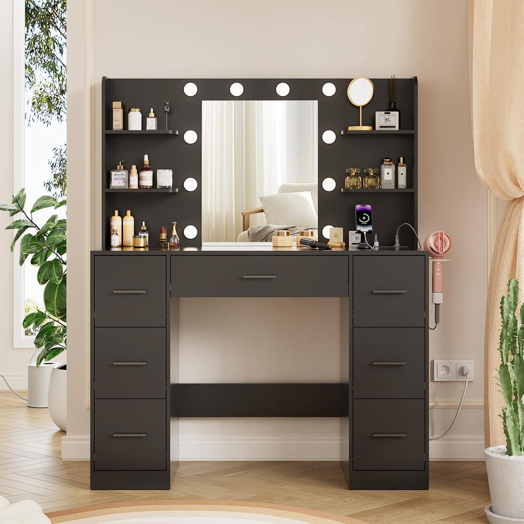 Airfish Coiffeuse LED, tiroir et prise, bureau de maquillage moderne avec étagères, commode pour chambre à coucher