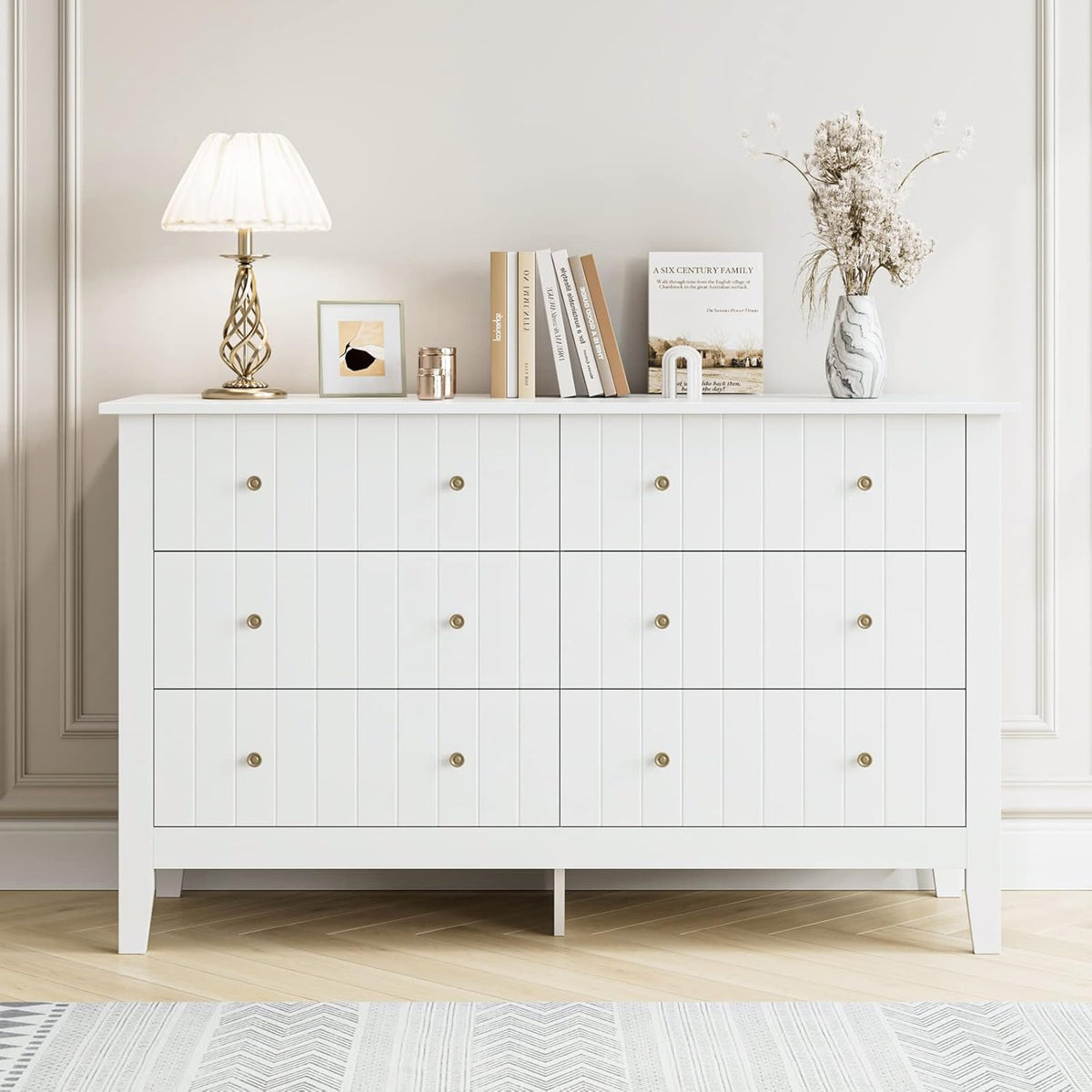 FOREHILL Commode avec 6 Tiroirs Commode Chambre Adulte Grande Commode Blanche Meuble de Rangement pour Salon Moderne en Bois 133x45x79.5cm