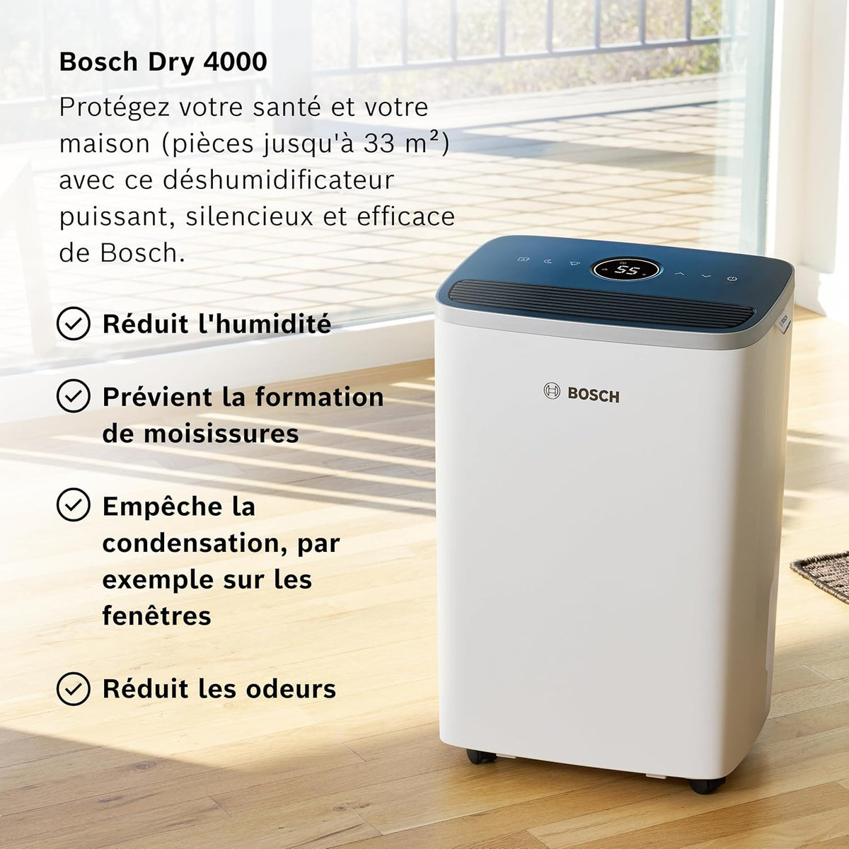 Bosch Dry 4000 - Déshumidificateur - Facile. Efficace. Silencieux. Pour la maison et la chambre - Pour jusqu'à 33m² - Séchage rapide du linge