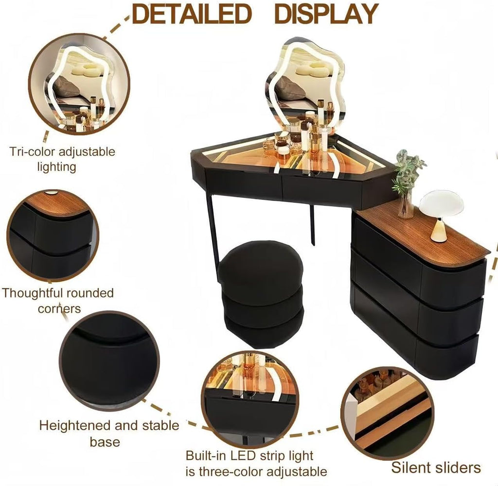 Generisch Ensemble de coiffeuse d'angle avec tabouret, table de maquillage avec 3 éclairages LED réglables/5 tiroirs, table de maquillage en L pour la chambre à coucher, 80 cm Noir