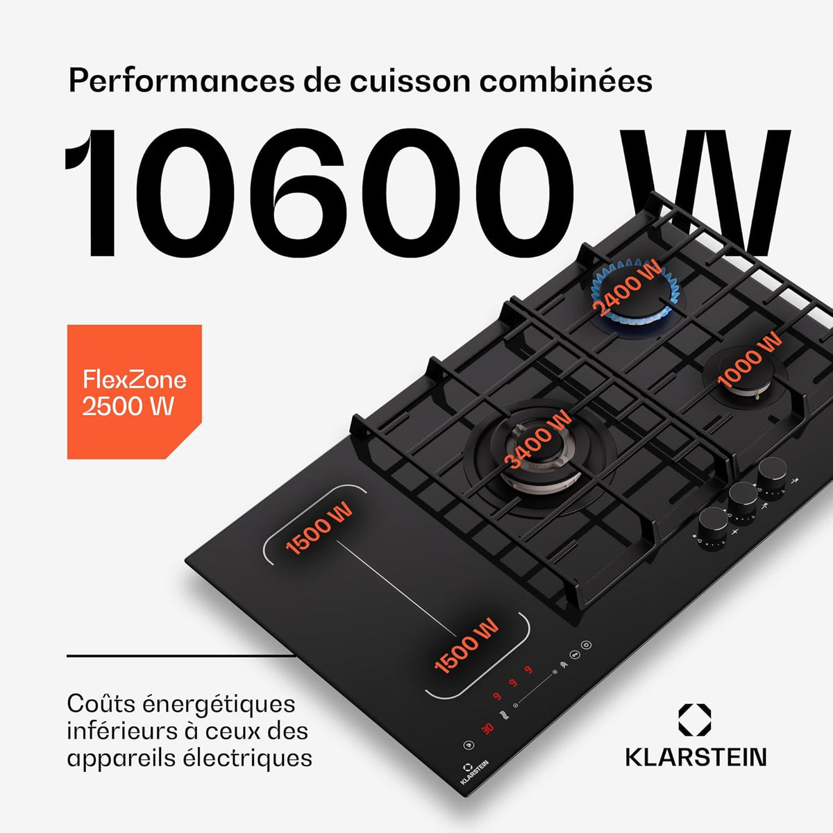 Klarstein MultiChef 5 Plaque Induction Et Gaz - 5 Zones, Flexzone, 10,6 Kw, Commande À Glissière, Stop&Go, Minuterie, Noir, 87,5 Cm